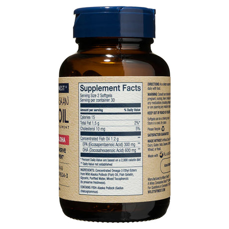 A side view of an amber glass bottle of Wiley's Finest Prenatal DHA, showing the "Supplement Facts" panel which lists 600mg of DHA and 300mg of EPA per serving of 2 softgels.