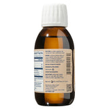 The back view of an amber glass bottle showing the supplement facts, directions for use, and a barcode on a tan label.