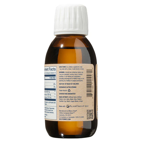 The back view of an amber glass bottle showing the supplement facts, directions for use, and a barcode on a tan label.