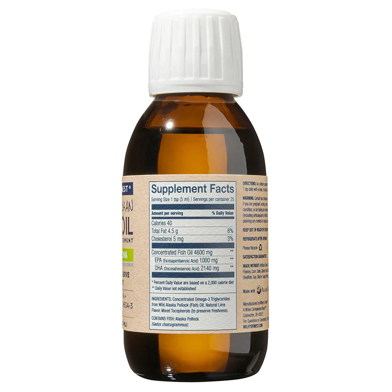 A side view of an amber glass bottle of Wiley's Finest Wild Alaskan Fish Oil, showing the "Supplement Facts" panel which lists 2140mg of DHA and 1000mg of EPA per serving.