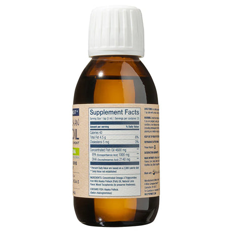A side view of an amber glass bottle of Wiley's Finest Wild Alaskan Fish Oil, showing the "Supplement Facts" panel which lists 2140mg of DHA and 1000mg of EPA per serving.