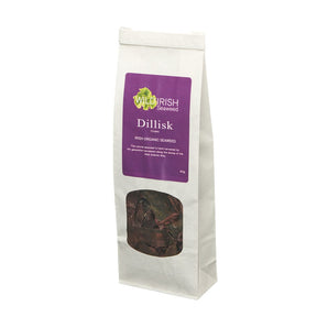 Tall white paper bag of Wild Irish Seaweed Dillisk with a purple label and transparent window.
