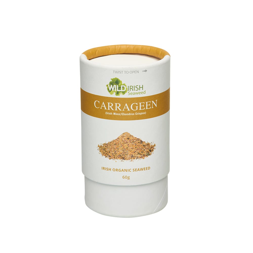Cylindrical white shaker of Wild Irish Seaweed Carrageen sprinkles featuring a gold label and seaweed illustration.