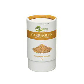Cylindrical white shaker of Wild Irish Seaweed Carrageen sprinkles featuring a gold label and seaweed illustration.