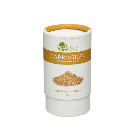 Cylindrical white shaker of Wild Irish Seaweed Carrageen sprinkles featuring a gold label and seaweed illustration.