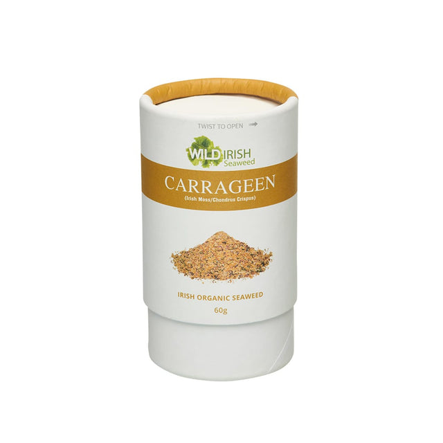 Cylindrical white shaker of Wild Irish Seaweed Carrageen sprinkles featuring a gold label and seaweed illustration.