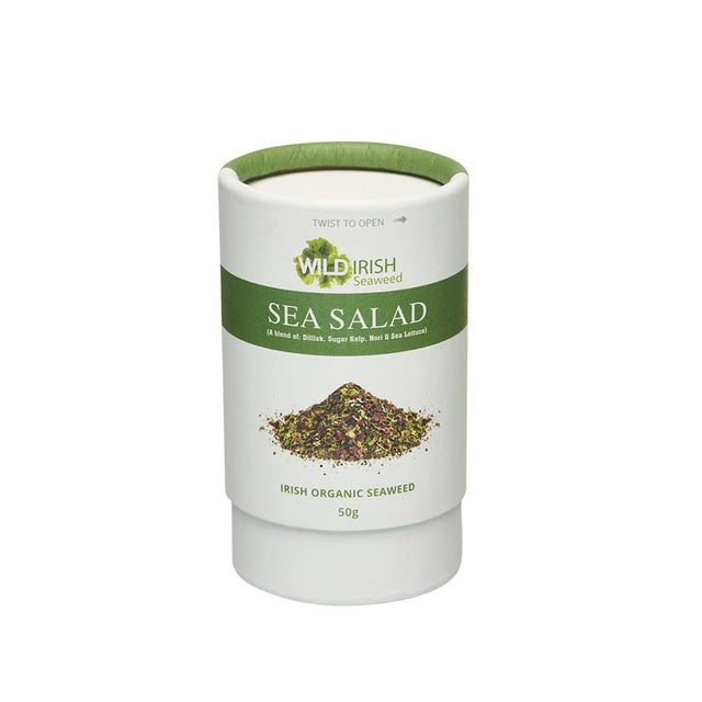 Cylindrical white shaker of Wild Irish Seaweed Sea Salad with a green label and a seaweed illustration.