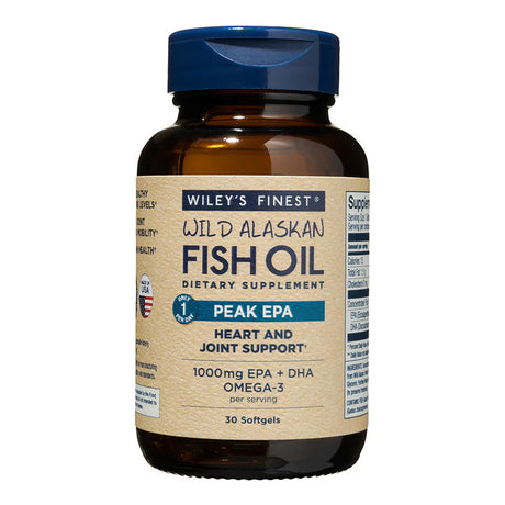 Bottle of Wiley's Finest Wild Alaskan Fish Oil dietary supplement on a white background