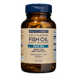 Bottle of Wiley's Finest Wild Alaskan Fish Oil dietary supplement on a white background
