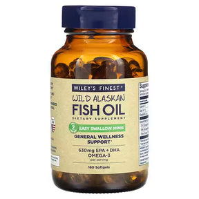 Wiley’s Finest Wild Alaskan Fish Oil Easy Swallow Minis 180 softgels for heart and brain health sustainable MSC certified Omega-3.