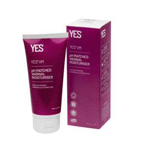 A tube and box of YES VM pH-matched vaginal moisturiser. The magenta-colored packaging is labelled as certified organic, hormone-free, and glycerine-free, with a volume of 100ml.