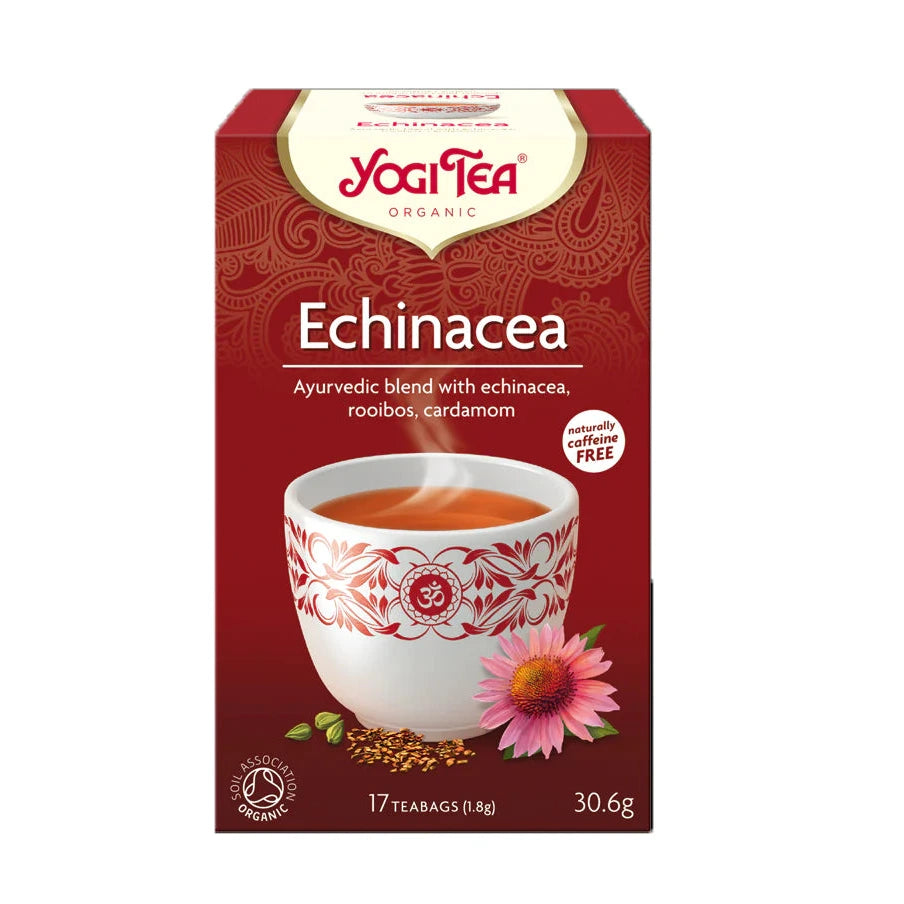 Yogi Tea Echinacea tea box with a cup and flower illustration on a white background