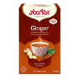 Yogi Tea Ginger tea box with a cup of tea and ginger root on a white background