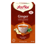 Yogi Tea Ginger tea box with a cup of tea and ginger root on a white background