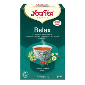 Yogi Tea Relax tea box with a green background