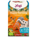 Yogi Happy Farming tea box with cartoon characters on an orange background