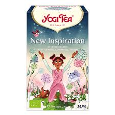 Yogi Tea box titled 'New Inspiration' with colorful illustrations on a white background