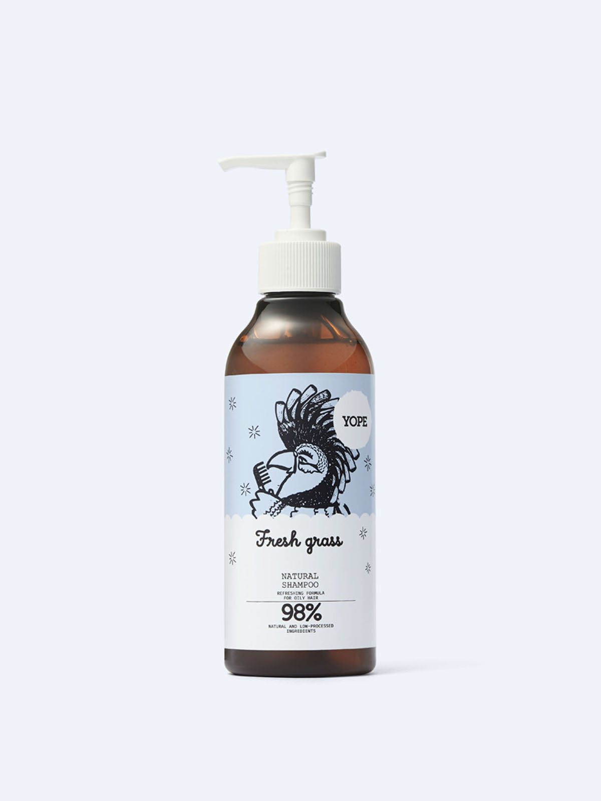 A front-view studio shot of YOPE Fresh Grass natural shampoo bottle.