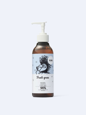 A front-view studio shot of YOPE Fresh Grass natural shampoo bottle.
