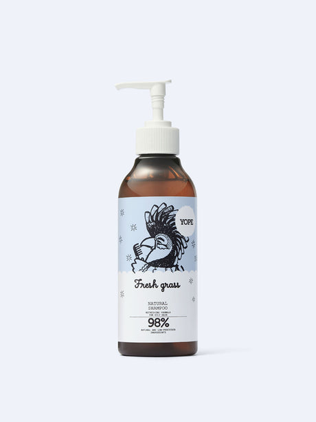 A front-view studio shot of YOPE Fresh Grass natural shampoo bottle.