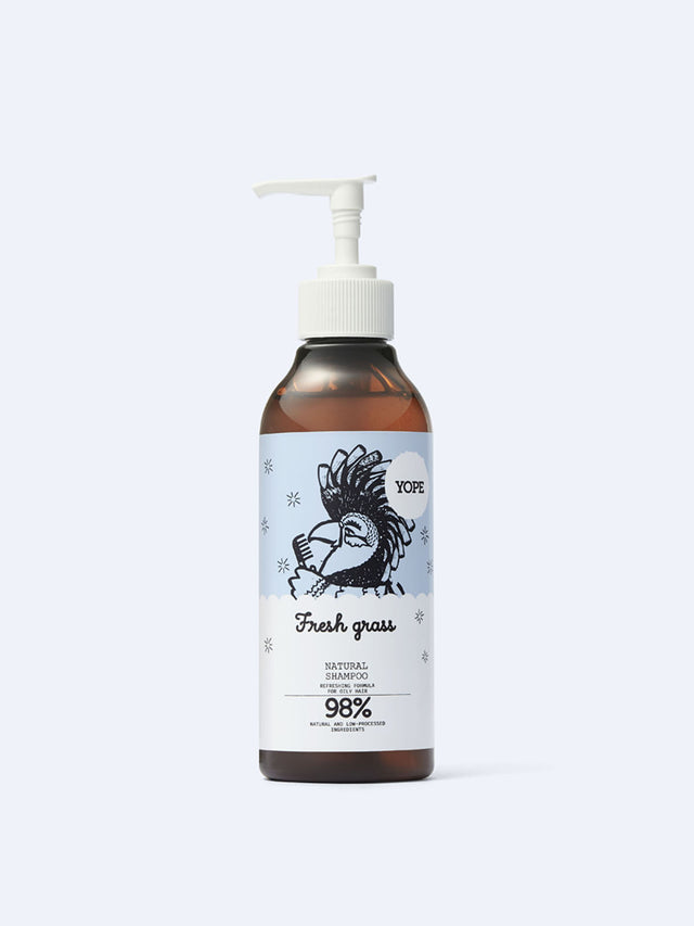 A front-view studio shot of YOPE Fresh Grass natural shampoo bottle.