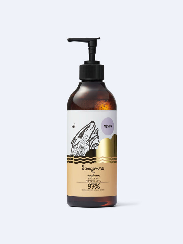 YOPE Tangerine and Raspberry natural shower gel bottle on plain background.
