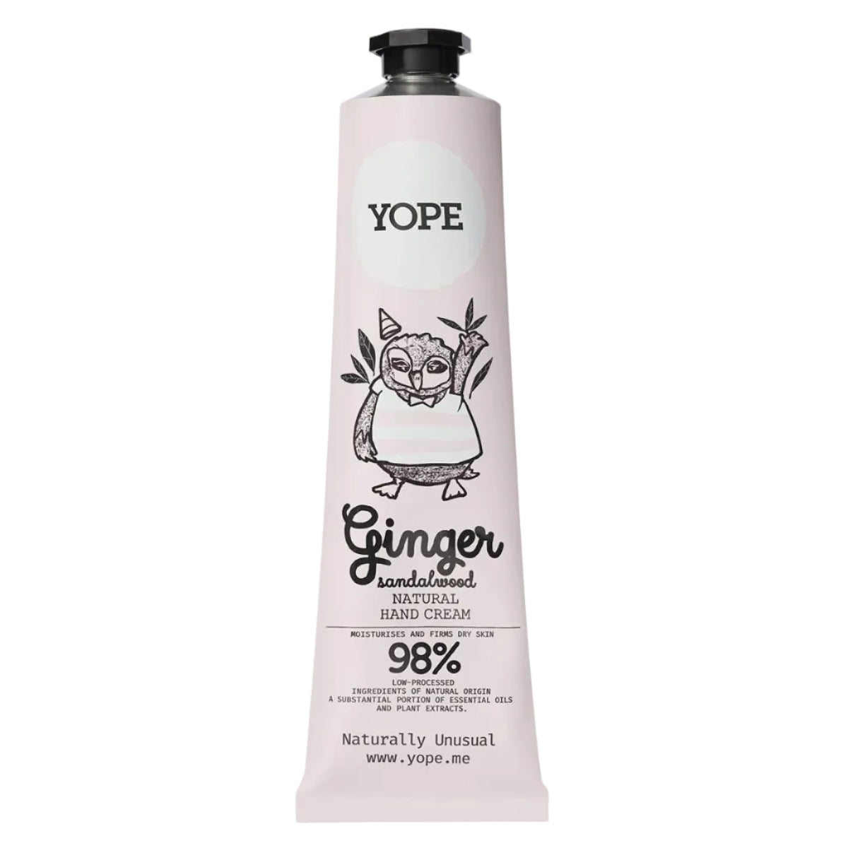 A light pink tube of YOPE Ginger & Sandalwood natural hand cream featuring an illustration of an owl, labelled as 98% low-processed ingredients of natural origin.