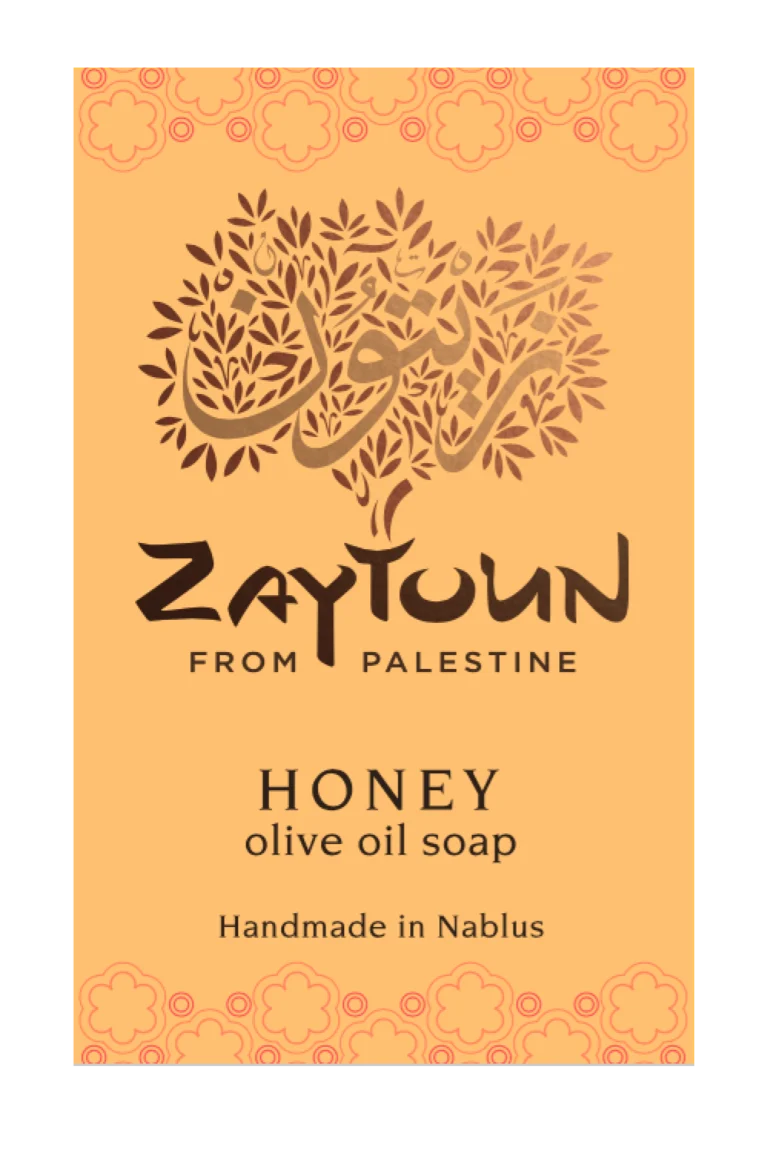 A rectangular soap bar label or packaging card for Zaytoun Honey Olive Oil Soap, featuring a warm orange background with a stylized olive tree logo and text reading 'Zaytoun From Palestine' and 'Honey olive oil soap Handmade in Nablus'.