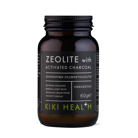 KIKI Health zeolite with activated charcoal powder 60g for detox skincare, deep cleansing, oil control and natural exfoliation.
