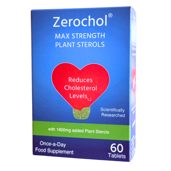 Box of Zerochol max strength plant sterol tablets for reducing cholesterol levels in adults.