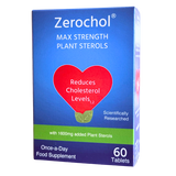 Box of Zerochol max strength plant sterol tablets for reducing cholesterol levels in adults.