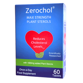Box of Zerochol max strength plant sterol tablets for reducing cholesterol levels in adults.