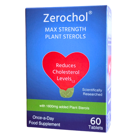 Box of Zerochol max strength plant sterol tablets for reducing cholesterol levels in adults.