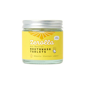 A glass jar of Zerolla eco-natural mouthwash tablets with a yellow label, featuring a "Shouty Italian Lemon" flavor and marked as "Zero Fluoride."
