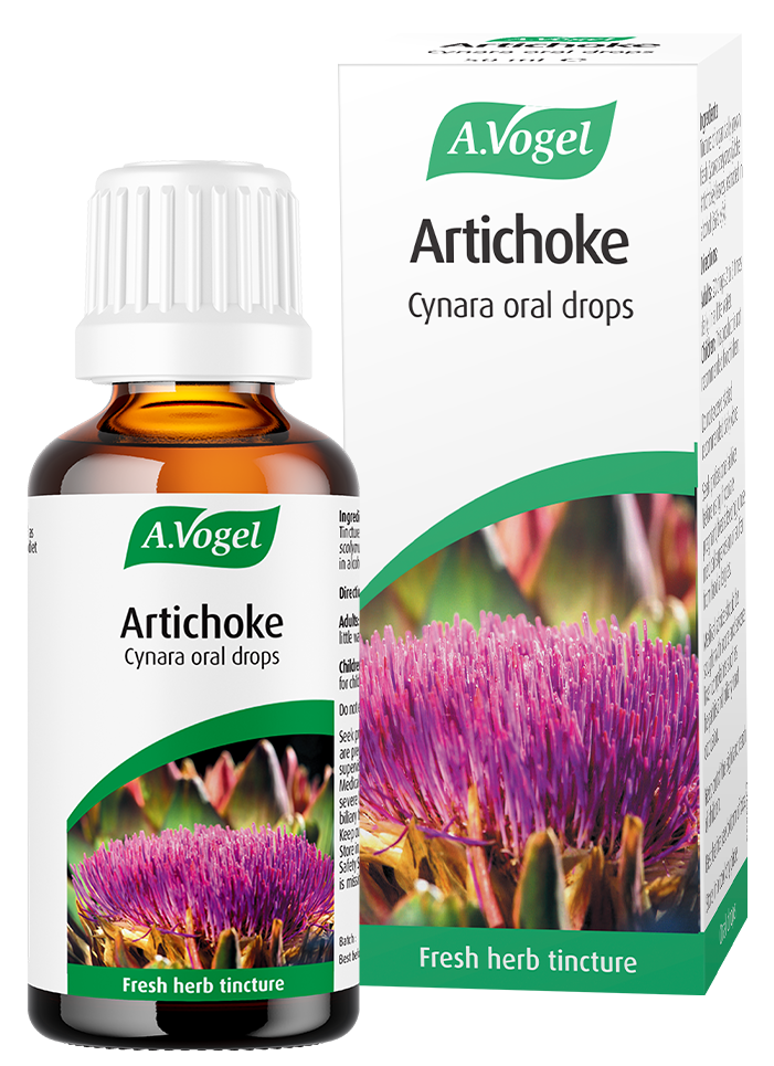 A.Vogel Artichoke Cynara oral drops bottle and retail carton featuring a purple artichoke flower illustration.