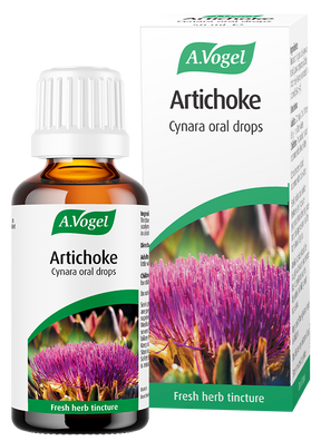 A.Vogel Artichoke Cynara oral drops bottle and retail carton featuring a purple artichoke flower illustration.