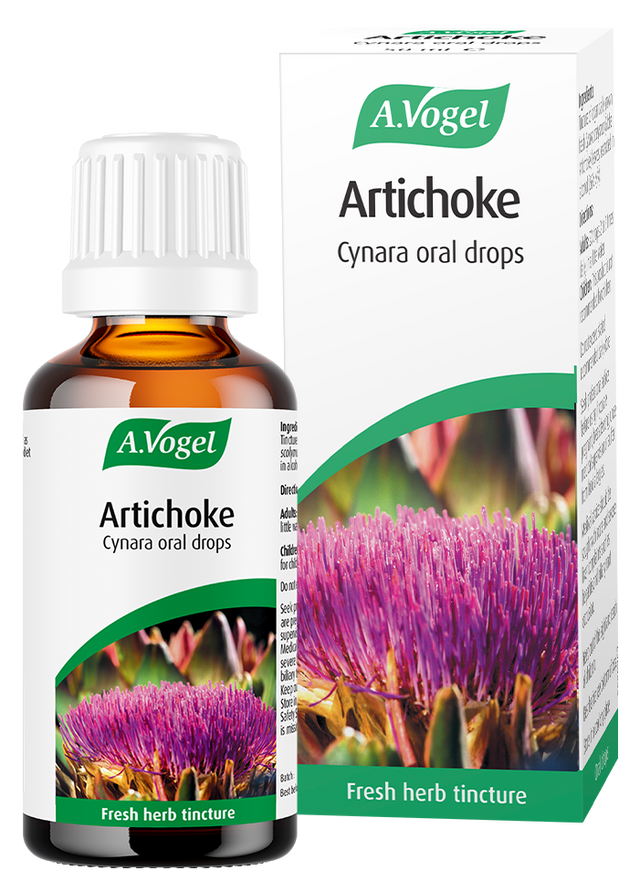 A.Vogel Artichoke Cynara oral drops bottle and retail carton featuring a purple artichoke flower illustration.