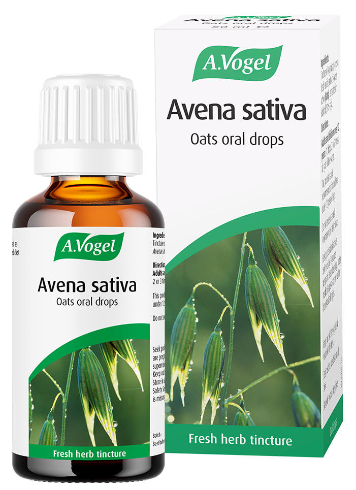 A.Vogel Avena Sativa oats oral drops bottle and retail box featuring a green oat plant illustration.