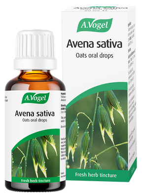 A.Vogel Avena Sativa oats oral drops bottle and retail box featuring a green oat plant illustration.