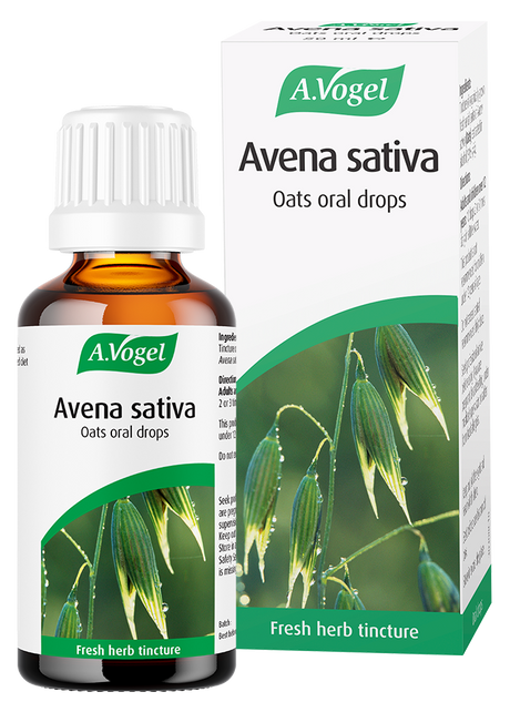A.Vogel Avena Sativa oats oral drops bottle and retail box featuring a green oat plant illustration.