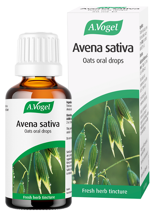 A.Vogel Avena Sativa oats oral drops bottle and retail box featuring a green oat plant illustration.