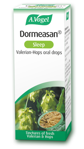 A.Vogel Dormeasan Sleep oral drops retail carton featuring green hops and valerian root illustrations.