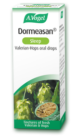 A.Vogel Dormeasan Sleep oral drops retail carton featuring green hops and valerian root illustrations.