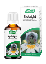 A.Vogel Eyebright Euphrasia oral drops herbal tincture in a brown glass bottle next to its white and green retail packaging box.