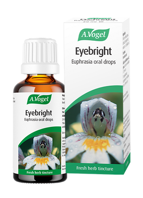 A.Vogel Eyebright Euphrasia oral drops herbal tincture in a brown glass bottle next to its white and green retail packaging box.