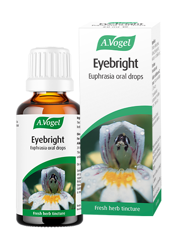 A.Vogel Eyebright Euphrasia oral drops herbal tincture in a brown glass bottle next to its white and green retail packaging box.