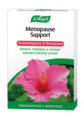 A.Vogel Menopause Support perimenopause and menopause 30 tablets retail carton with a pink hibiscus flower.