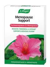 A.Vogel Menopause Support perimenopause and menopause 30 tablets retail carton with a pink hibiscus flower.