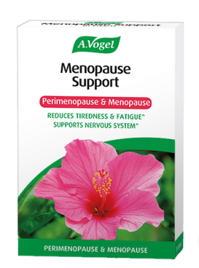 A.Vogel Menopause Support perimenopause and menopause 30 tablets retail carton with a pink hibiscus flower.