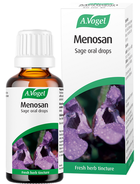 A.Vogel Menosan Sage oral drops bottle and retail box featuring a purple sage flower illustration.